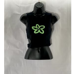 MOTEL Women's Black/Green Flower Crewneck Cutout Sleeveless Crop Top SZ S